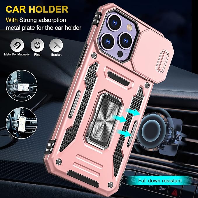 Phone Case for iPhone 14 Pro Max Case iPhone 14 Pro Max Phone Case with Camera Cover, with Ring Holder Kickstand, with Magnetic Car Mount Function, for iPhone 14 Pro Max (Rose Gold)
