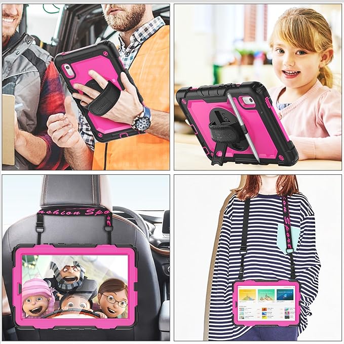 SEYMAC stock Case for Lenovo Tab M9 (TB-310FU) 2023 with Screen Protector, Drop-Proof Protection Cover with 360° Rotating Stand &Strap [Pen Holder] Case for Lenovo Tab M9 9'' (Pink+Black)