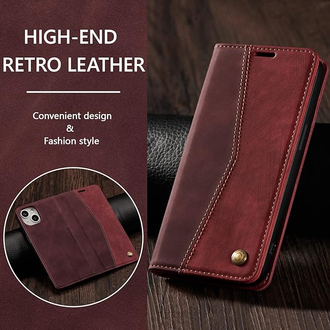 QLTYPRI Case for iPhone 14, Vintage PU Leather Wallet Case Card Slot Kickstand Magnetic Closure Shockproof Flip Folio Book Case Cover for iPhone 14(6.1 inch) - Retro Wine Red
