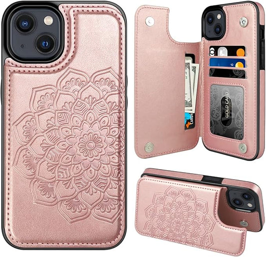 MMHUO for iPhone 14 Plus Case with Card Holder,Flower Magnetic Buttons Protective Wallet Case for Women for iPhone 14 Plus,Rose Gold