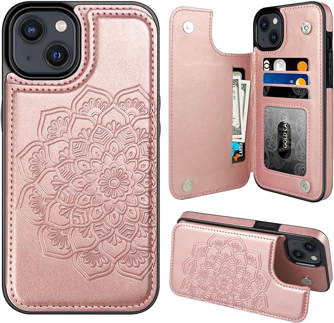 MMHUO for iPhone 15 Plus Case with Card Holder,Flower Magnetic Buttons Protective Wallet Case for Women for iPhone 15 Plus,Rose Gold