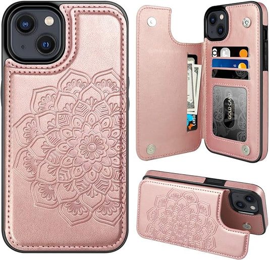 MMHUO for iPhone 15 Plus Case with Card Holder,Flower Magnetic Buttons Protective Wallet Case for Women for iPhone 15 Plus,Rose Gold