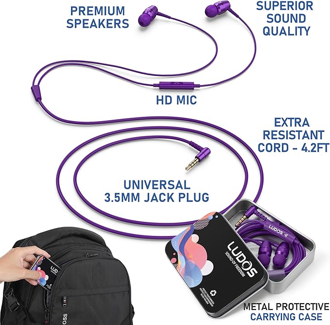 LUDOS OMNITONE Wired Earbuds in-Ear Headphones, 5 Years Warranty, Earphones with Microphone, 3.5 mm Jack Corded Ear Buds, Videoconference for iPhone, Samsung, Laptop, Kids, School Students - Purple
