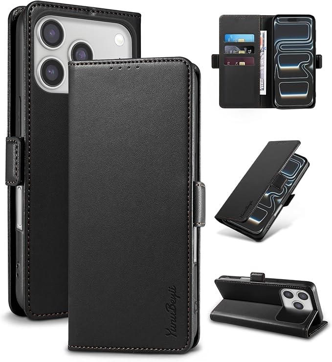 Wallet Flip Case for iPhone 17 Pro 5G - [RFID Blocking] Luxury PU Leather Card Holder Magnetic Phone Cover with Kickstand,Shockproof Protective Case,Black