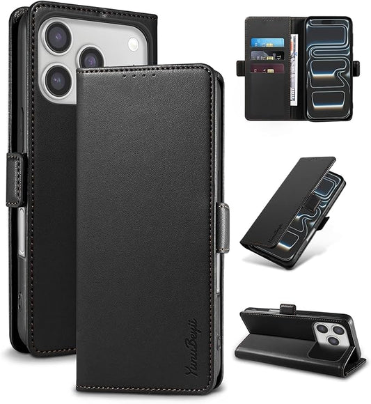 Wallet Flip Case for iPhone 17 Pro 5G - [RFID Blocking] Luxury PU Leather Card Holder Magnetic Phone Cover with Kickstand,Shockproof Protective Case,Black