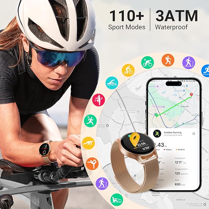 Fitpolo Smart Watch for Women,1.3" AMOLED Touchscreen Fitness Tracker, Make/Answer Calls, Heart Rate SpO2 Monitor,IP68 Waterproof,Sleep Activity Tracking Smartwatch for Android Phones iPhone (Gold)