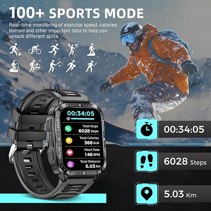 Military Smart Watches for Men (Make/Answer Call) with LED Flashlight 1.96" Big Screen 430mAh Fitness Tracker with Sport Modes Heart Rate Monitor Rugged Smartwatch for iPhone Android