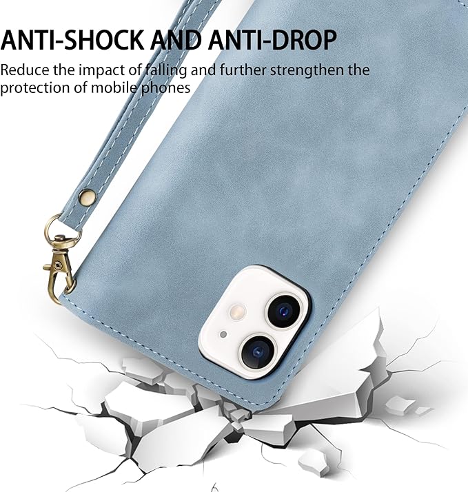 ZZXX for iPhone 12 Mini Wallet Case with Card Slot Premium Soft PU Leather Zipper Flip Folio Wallet with Wrist Strap Kickstand Protective for iPhone 12 Mini Case Wallet(Light Blue 5.4 inch)