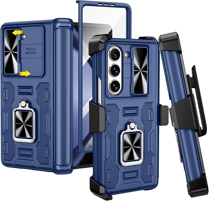 VEGO for Galaxy Z Fold 5 Case with Kickstand, Hinge Protection & Belt Clip Holster & Front Screen Protector & Slide Camera Cover Magnetic Kickstand Cover - Blue