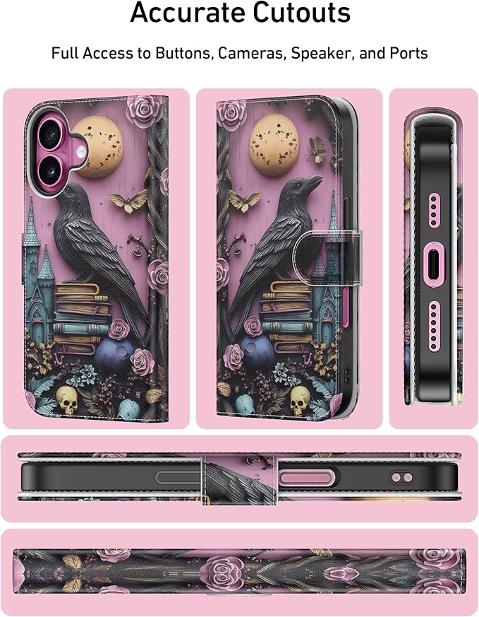 DEENAKIN for iPhone 16 Wallet Case with Card Holder + Cash Clip, RFID-Blocking, Military-Grade Drop Protection, Magnetic Closure with Leather Kickstand - Gothic Skull & Raven