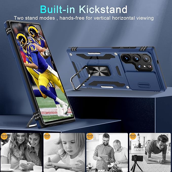 DEERLAMN Case for Samsung Galaxy S25 Ultra with Slide Camera Cover+Screen Protector (1 Pack), Rotated Ring Kickstand Military Grade Shockproof Protective Cover-Navy Blue