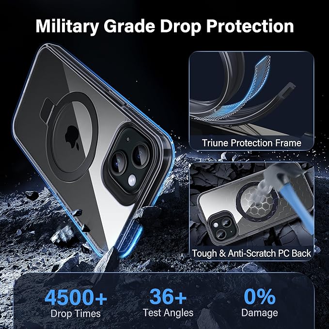 Magnetic Case for iPhone 15 Plus - [Built-in Invisible Stand] [Compatible with MagSafe] [Military Grade Drop Protection] Anti-Yellowing Hard Back Silicone Edge Cover, 6.7", Clear Black