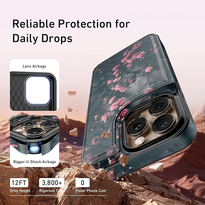 FUNMIKO for iPhone 16 Pro Max Wallet Case with Card Holder, RFID-Blocking, Military-Grade Protection & UV-Printed Artwork, Magnetic Closure with Leather Kickstand - Mystic Blooming Plum