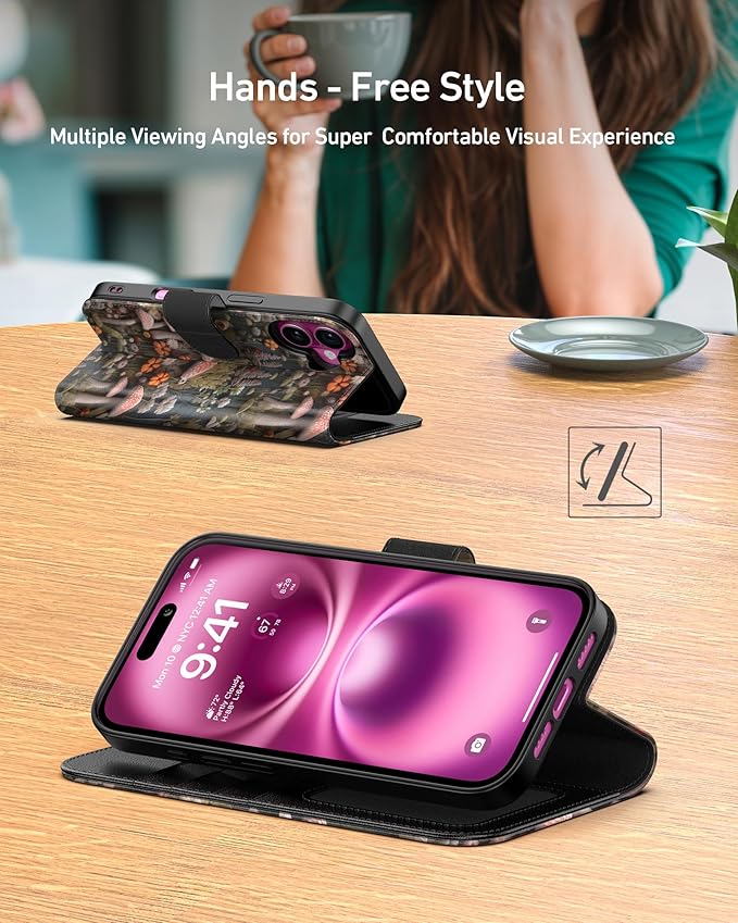 DEENAKIN for iPhone 16 Plus Wallet Case with Card Holder + Cash Clip, RFID-Blocking, Military-Grade Drop Protection, Magnetic Closure with Leather Kickstand - Mushroom Floral