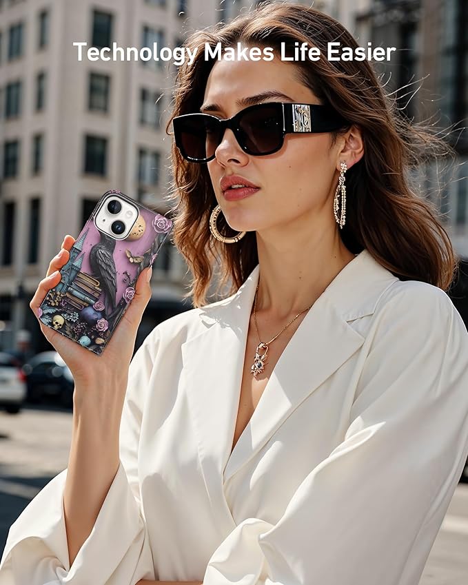 DEENAKIN for iPhone 15 Plus Wallet Case with Card Holder + Cash Clip, RFID-Blocking, Military-Grade Drop Protection, Magnetic Closure with Leather Kickstand - Gothic Skull & Raven