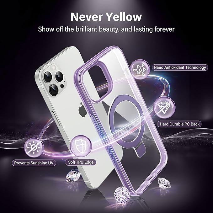 Magnetic Case for iPhone 13 Pro - [Built-in Invisible Stand] [Compatible with MagSafe] [Military Grade Drop Protection] Anti-Yellowing Hard Back Silicone Edge Cover, 6.1", Clear Purple