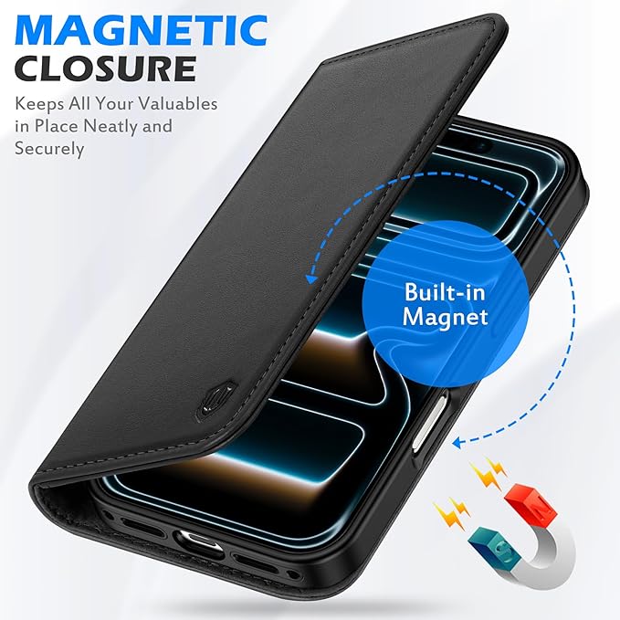 SHIELDON Genuine Leather Wallet Case for iPhone 17 6.3-inch 5G 2025 | Flip Magnetic Cover | Kickstand | RFID Blocking | 3 Credit Card Holder | Shockproof | Soft Inner Phone Case | Black