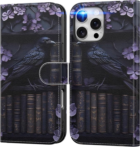 DEENAKIN for iPhone 16 Pro Wallet Case with Card Holder + Cash Clip, RFID-Blocking, Military-Grade Drop Protection, Magnetic Closure with Leather Kickstand - Purple Floral & Raven