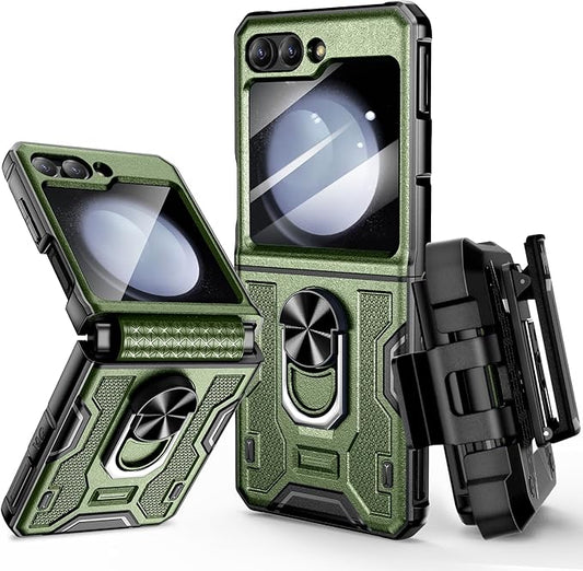 VEGO for Z Flip 5 Case with Hinge Protection, 360°Ring Magnetic Kickstand & Camera Screen Protector & Belt Clip Holster, Military Grade Shockproof Cover - Green