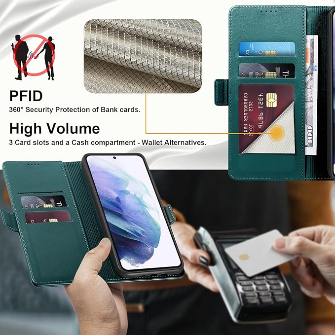 Wallet Flip Case for Samsung Galaxy S21 5G - [RFID Blocking] Luxury PU Leather Card Holder Magnetic Phone Cover with Kickstand,Shockproof Protective Case,Green