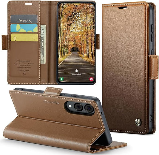 for Samsung Galaxy S25 Edge Case, Premium PU Leather Wallet Case Flip Cover with [RFID Blocking][Card Holder][Stand Function] Shockproof Protective for Samsung Galaxy S25 Edge, Brown