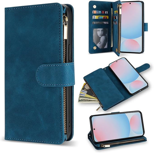 ZZXX for Samsung Galaxy S24 FE Wallet Case with RFID Blocking Card Slot PU Leather Zipper Flip Folio with Strap Kickstand Protective Cover for Samsung Galaxy S24 FE Case Wallet(Blue-6.7 inch)