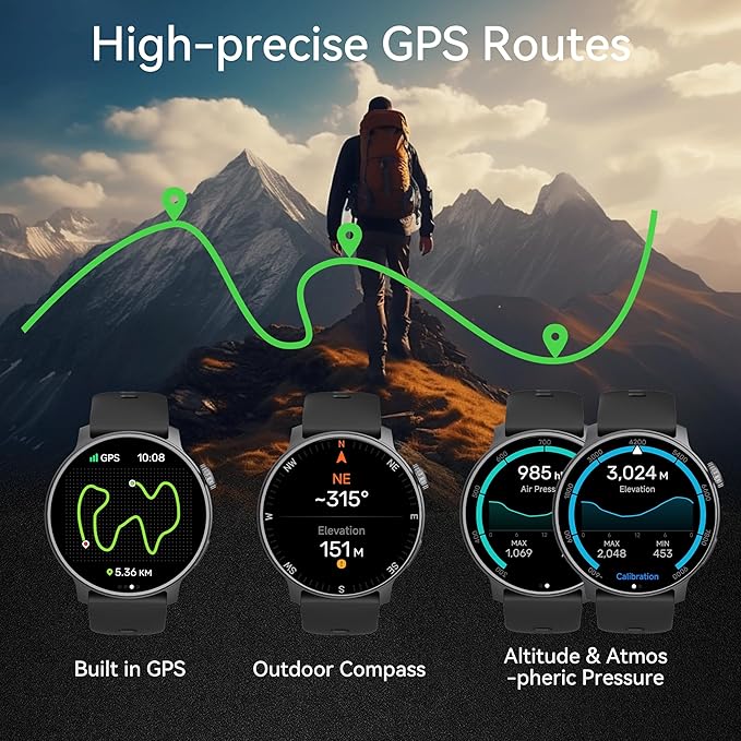 KPEP GPS Running Watches for Men Women, 1.43'' AMOLED/2 Straps/3ATM Waterproof Sports Watch, Compass, Barometer, Altimeter, 24/7 Stress/SpO2/Heart Rate Monitor, Sleep Tracker, Fitness Tracker, Black