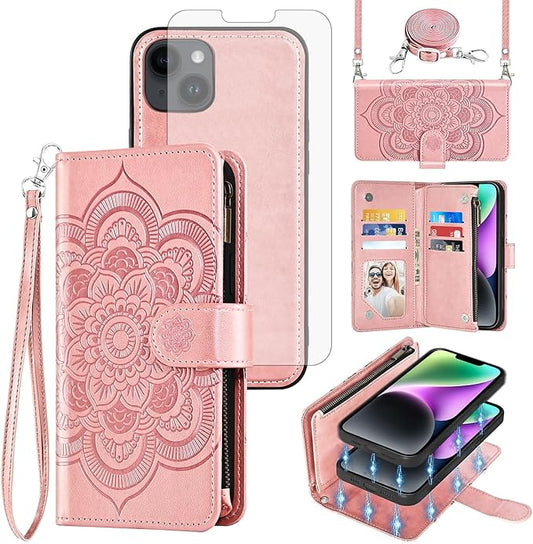 Asuwish Phone Case for iPhone 14 6.1 inch Zipper Wallet Detachable Cell Cover with Tempered Glass Screen Protector Crossbody Strap Flower Card Holder iPhone14 5G i i-Phone i14 14Case Women Rose Gold
