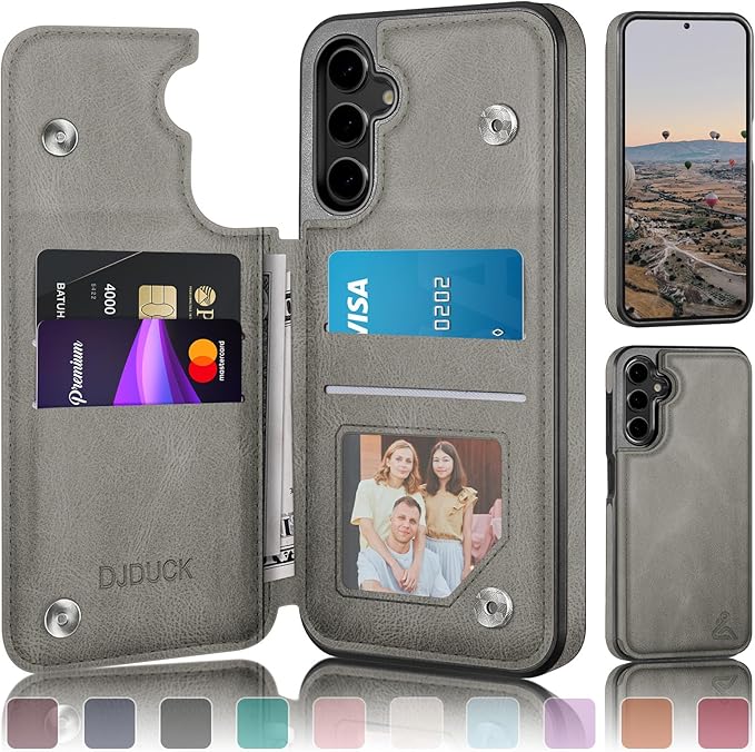 DJDUCK Designed for Samsung Galaxy S25 Case Wallet with Card Holder, [Magnetic Clasp Cover] [RFID Blocking Leather Protection] Shockproof Women Men Cases for Samsung S25 Grey