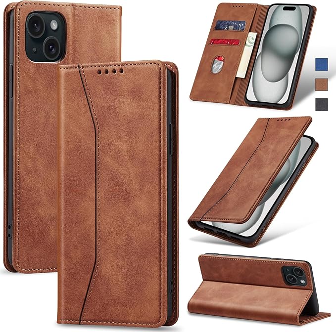 Jasonyu Flip Wallet Case for iPhone 15 Plus,Leather Magnetic Folio Cover with Card Holder,Kickstand - TPU Shockproof Durable Protective Phone Case,Brown