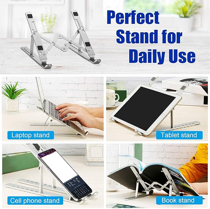 Laptop Stand, Laptop Riser Computer Stand for Desk, Adjustable Aluminum Foldable Portable Desktop Holder, Compatible with MacBook Air pro, iPad, Lenovo, 10-15.6” Laptop and Tablets (Silver)