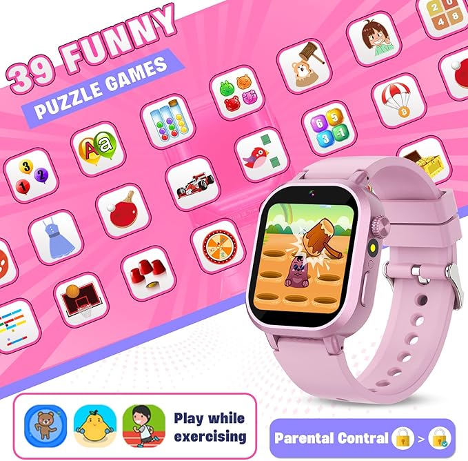 Vakzovy Kids Waterproof Smart Watch Girls Gift Age 4-12, Kids Watch with 39 Games Video Camera Music Player Alarm Clock Pedometer Calculator Habit Tracking Birthday Gift for 6 7 8 9 Year Olds Girls