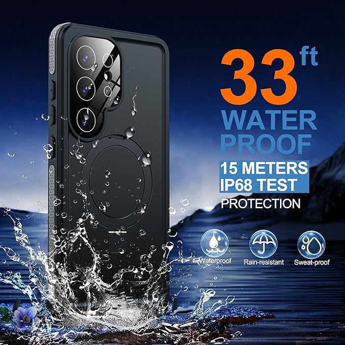 Magnetic & Stand for Samsung Galaxy S25 Ultra Case Waterproof[Built-in Screen Protector][Fit for Magsafe][Invisible Kickstand] 360° Full Body Sealed Protective Dustproof Shockproof Case Black