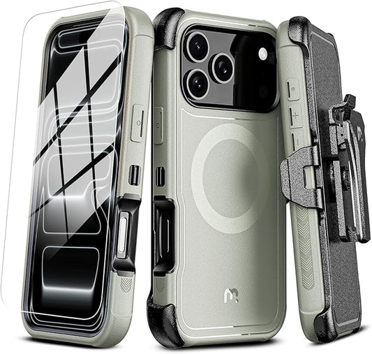 M MYBAT PRO for iPhone 17 Pro Case, Maverick Series Case with Belt Clip Holster,[Compatible with Magsafe] w/Screen Protector,Anti-Drop,Shockproof,w 360°Rotating Kickstand,Heavy Duty Protection