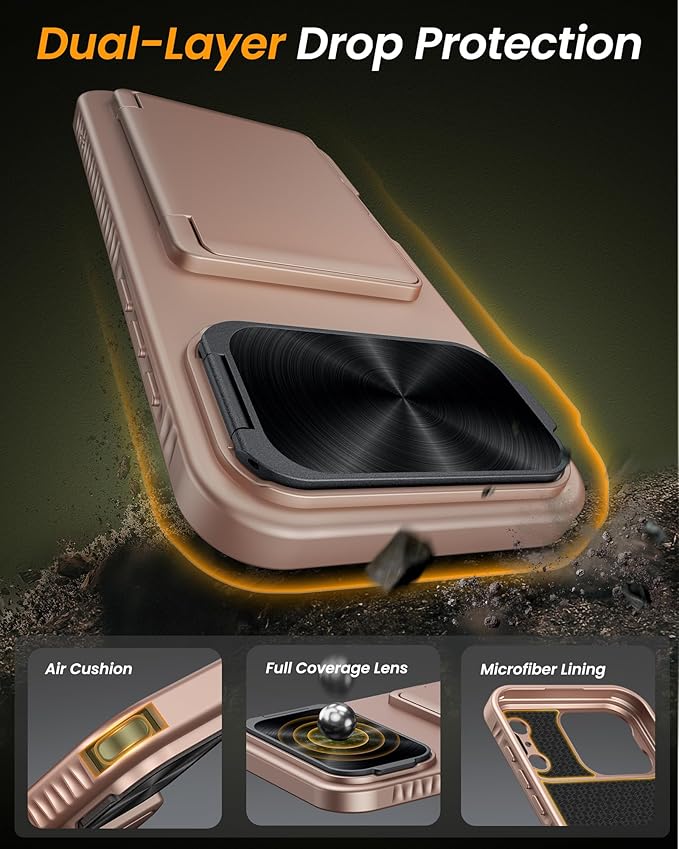 for iPhone 17 Pro Max Case with Card Holder & Stand & Camera Cover, Military Grade Drop Protection Hard Rugged Multifunctional Wallet Protective Phone Case for iPhone 17 Pro Max, Rose Gold