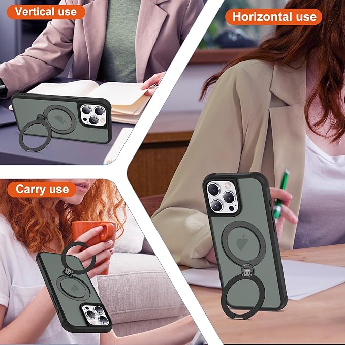 Compatible with iPhone 15 Pro Max Case with Invisible Magnetic 360°Spin Stand,Military-Grade Shockproof Protection [Compatible with Mag-Safe] Non-Slip Edge Translucent Case (6.7",Black)