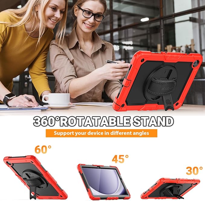 SEYMAC Case for Samsung Galaxy Tab A9+/ A9 Plus 11" (SM-X210/X216/X218), Heavy Duty Shockproof Protective Case with Screen Protector, Rotating Stand, Hand/Shoulder Strap and Pen Holder, Red
