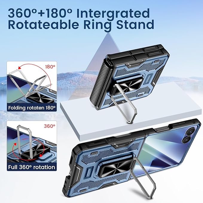 VEGO for Samsung Flip 7 Case with Belt Clip Holster, Hinge Protection Case with 360° Ring Kickstand & Camera Screen Protector Heavy Duty Protective Armor Cover for Galaxy Z Flip 7 - Blue