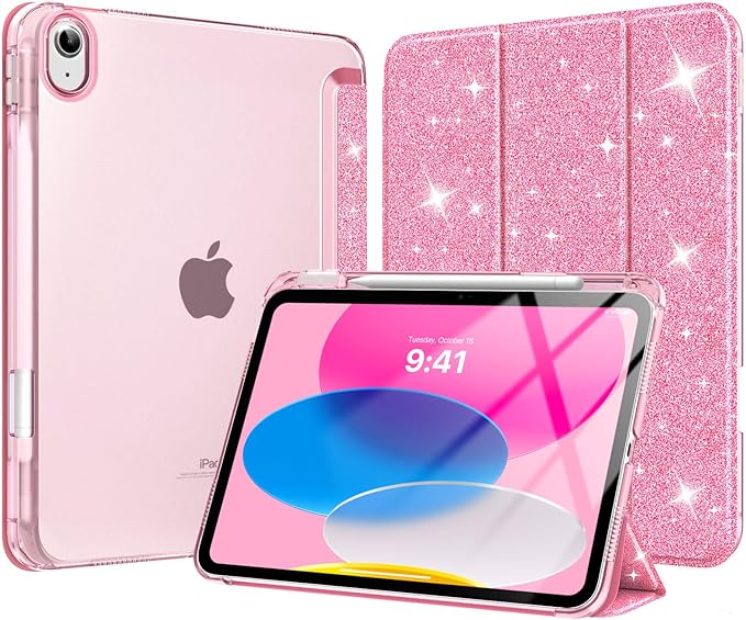 MoKo for iPad (A16) 11th Generation Case 11 Inch 2025, iPad 10th Generation Case 10.9 Inch 2022 with Pencil Holder, Slim Light Trifold Protective Cover with Hard PC Translucent Back Shell,Glitter Pink