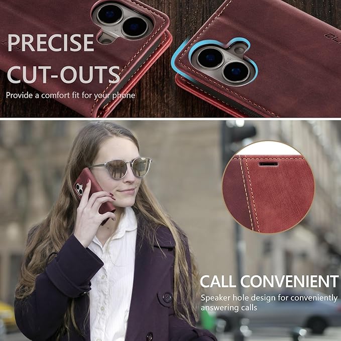 QLTYPRI for iPhone 16 Case Wallet with Card Holder, Vintage PU Leather Kickstand Magnetic Closure Shockproof Folio Book Cover Case for iPhone 16 - Retro Wine Red