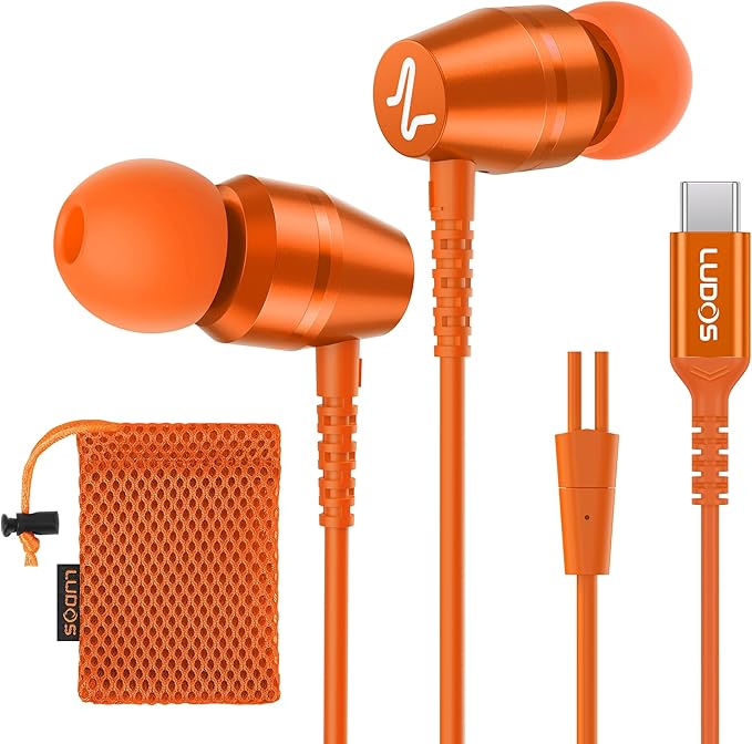 LUDOS OMNITONE USB C Headphones for iPhone 16 15 Pro Max Plus iPad Pro, 5 Years Warranty, USB-C Earbuds for Samsung Galaxy S24 S23 S22 S21 S20 A55 A54 A53, USB Type C Earphones - Orange
