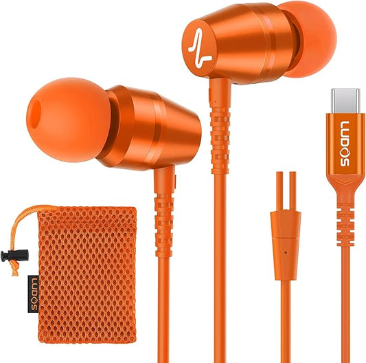 LUDOS OMNITONE USB C Headphones for iPhone 16 15 Pro Max Plus iPad Pro, 5 Years Warranty, USB-C Earbuds for Samsung Galaxy S24 S23 S22 S21 S20 A55 A54 A53, USB Type C Earphones - Orange