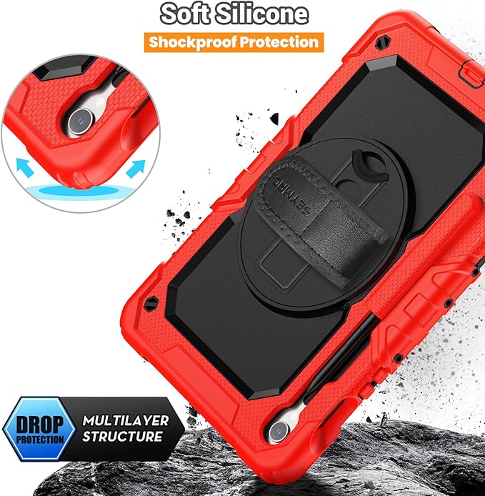 SEYMAC Case for Samsung Galaxy Tab S10 Lite/ S10 FE/ S9 FE/ S9 5G (10.9''/11''), Heavy Duty Shockproof Protective Case with Screen Protector, Rotating Stand, Hand Strap and Pen Holder, Red