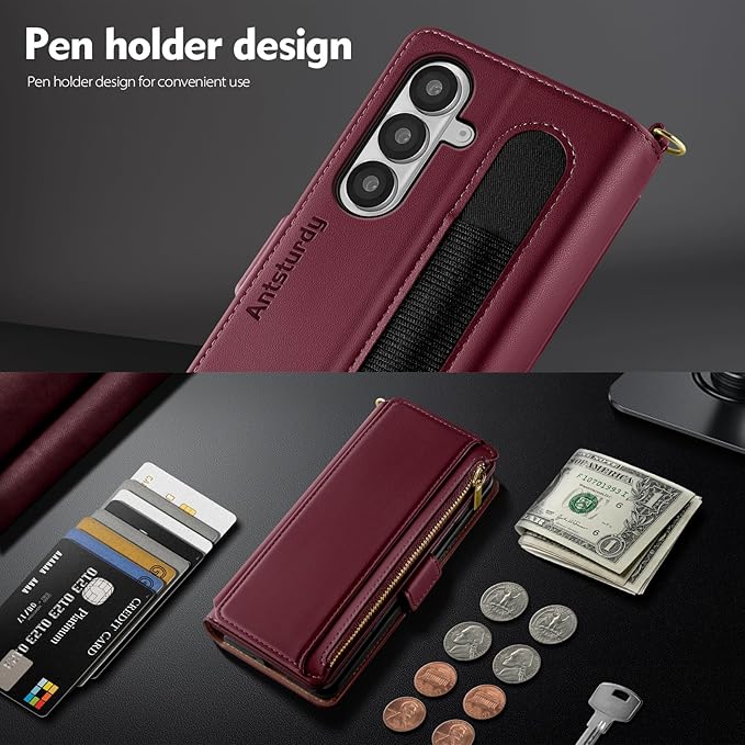 Antsturdy Compatible with Samsung Galaxy Z Fold7 Case Wallet with Card Holder,Z Fold 7 5G Phone Case with Strap Shockproof PU Leather RFID Blocking Flip Cover Credit Card Slots Women Men,Wine Red