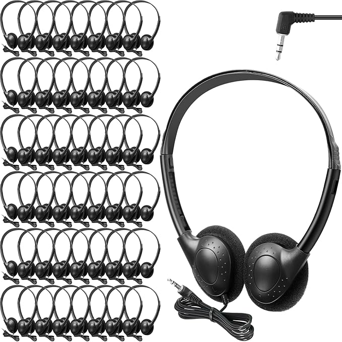 48 Pack Classroom Headphones on Ear Wired Stereo Headset with 3.5mm Jack, Over The Head Student Earphone Set for Kids Adults School Library Airplane Computer Laptop, No Microphone (Black)