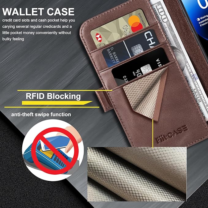Case for iPhone 16e 6.1", Genuine Leather Wallet Magnetic Cover RFID Blocking Card Slot Kickstand Shock-Absorbent TPU Phone Holder Case Compatible with iPhone 16e 2025 5G (Darkbrown)