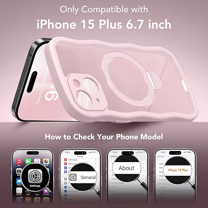 GolbinBox for iPhone 15 Plus Case for Women,[Compatible with Magsafe][360° Spin Magnetic Stand][Cute Wave Edge][Military-Grade Protection] Translucent Matte Phone Case for iPhone 15 Plus, Chalk Pink