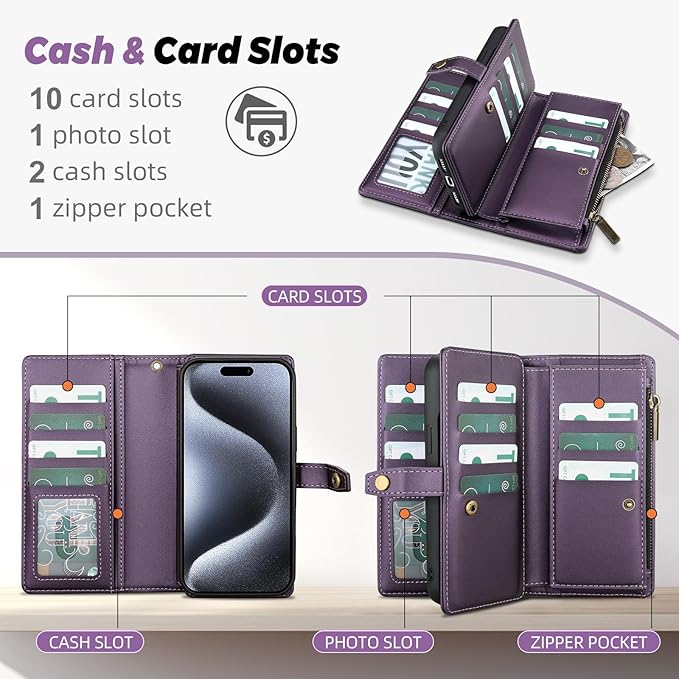 TwoHead Wallet Case Compatible with iPhone 15 Pro,Detachable Magnetic Phone Case,All-Round Protective Leather Phone Case with Card Holder,6.1 in,Deep Purple