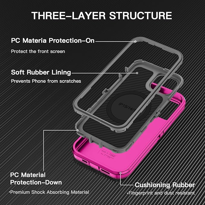 for iPhone 13/14/15 Case [Compatible with MagSafe] Shockproof 3-Layer Full Body Protection Rugged Heavy Duty Cover Case for Apple iPhone 13/14/15 6.1",Rose Red/Grey