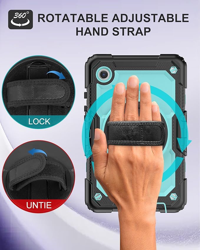 Case for Samsung Galaxy Tab A9 Tablet Case 8.7 inch 2023 [with Tempered Glass Screen Protector], Rotating Kickstand/S Pen Holder/Shoulder & Hand Strap (SkyBlue)